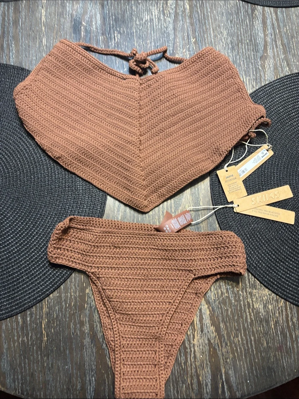 Skims women crochet swim bikini bottom XS and handkerchief top XXs jasper